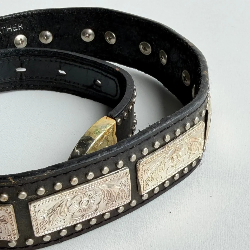 Vintage Nocona Concho Studded Belt size 30 Black Western Leather Engraved Rodeo